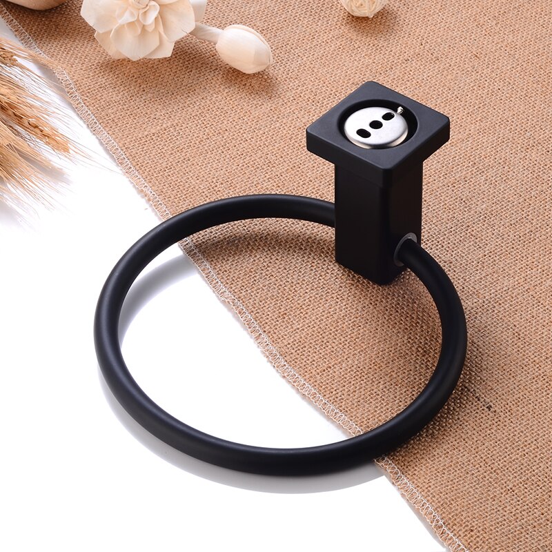 Toallero redondo negro para baño, soporte de anillo de toalla montado en la pared, colgador de riel, Perchero de aluminio, accesorios de baño