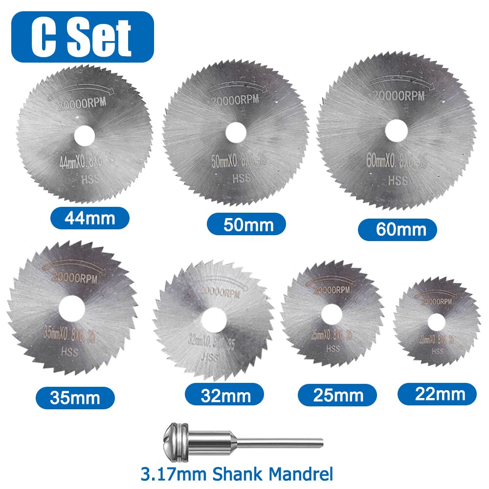 HSS Mini Circular Saw Blade Set Sharpcut Dremel Cutting Disc Drill Blade and Mandrel Woodworking Dremel Accessories Rotary Tools: Set C