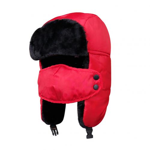 Winter Unisex Face Mask Earflap Plush Lined Hat Thick Warm Outdoor Riding Cap: Red
