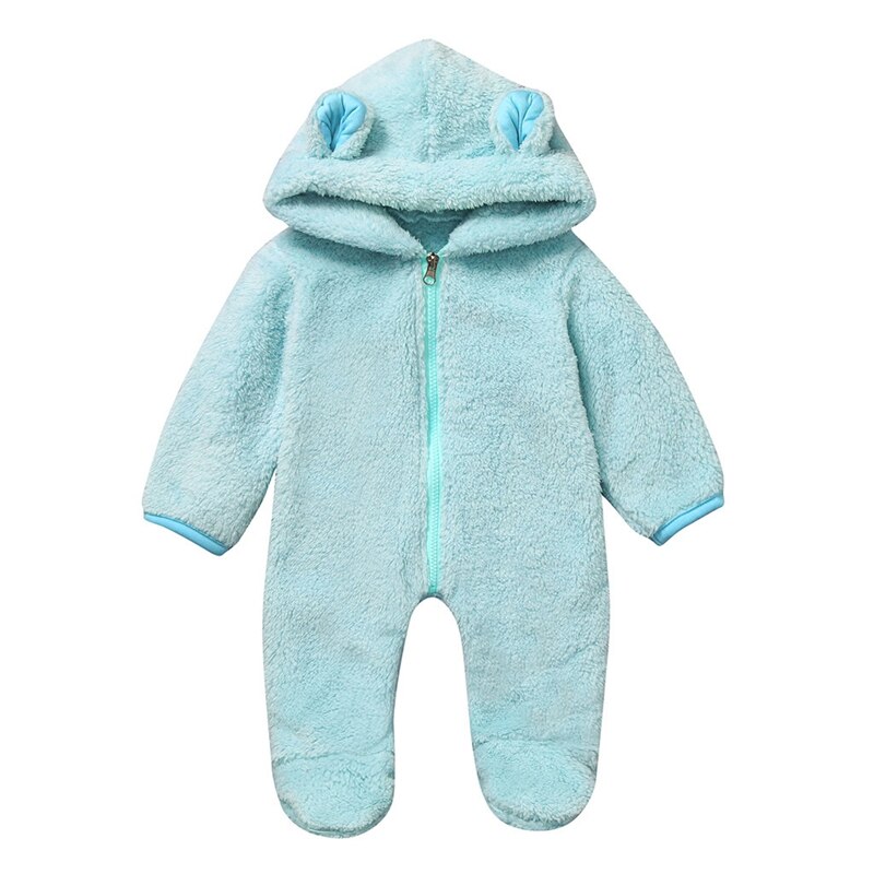Baby Winter Jumpsuit Mooie Lange Mouwen Fleece Hooded Romper Solid Uitloper Pyjama Stijl Voor Baby Meisjes Jongens 0-2Y: Blue / 70