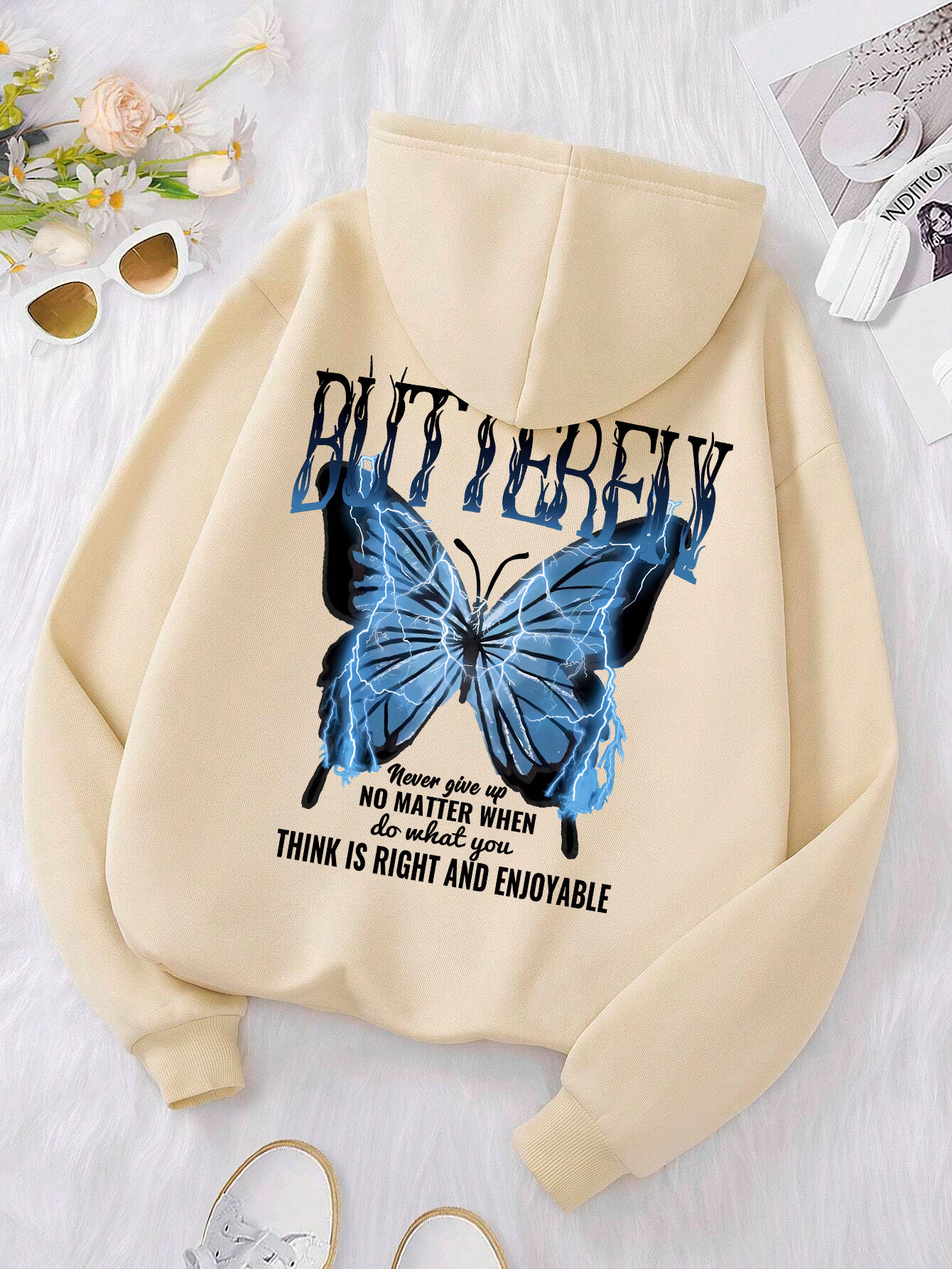 Sweat à capuche imprimé papillon bleu foudre mot femme confortable poche sweat ample doux à capuche vêtements de sport décontractés: XL / GRIS