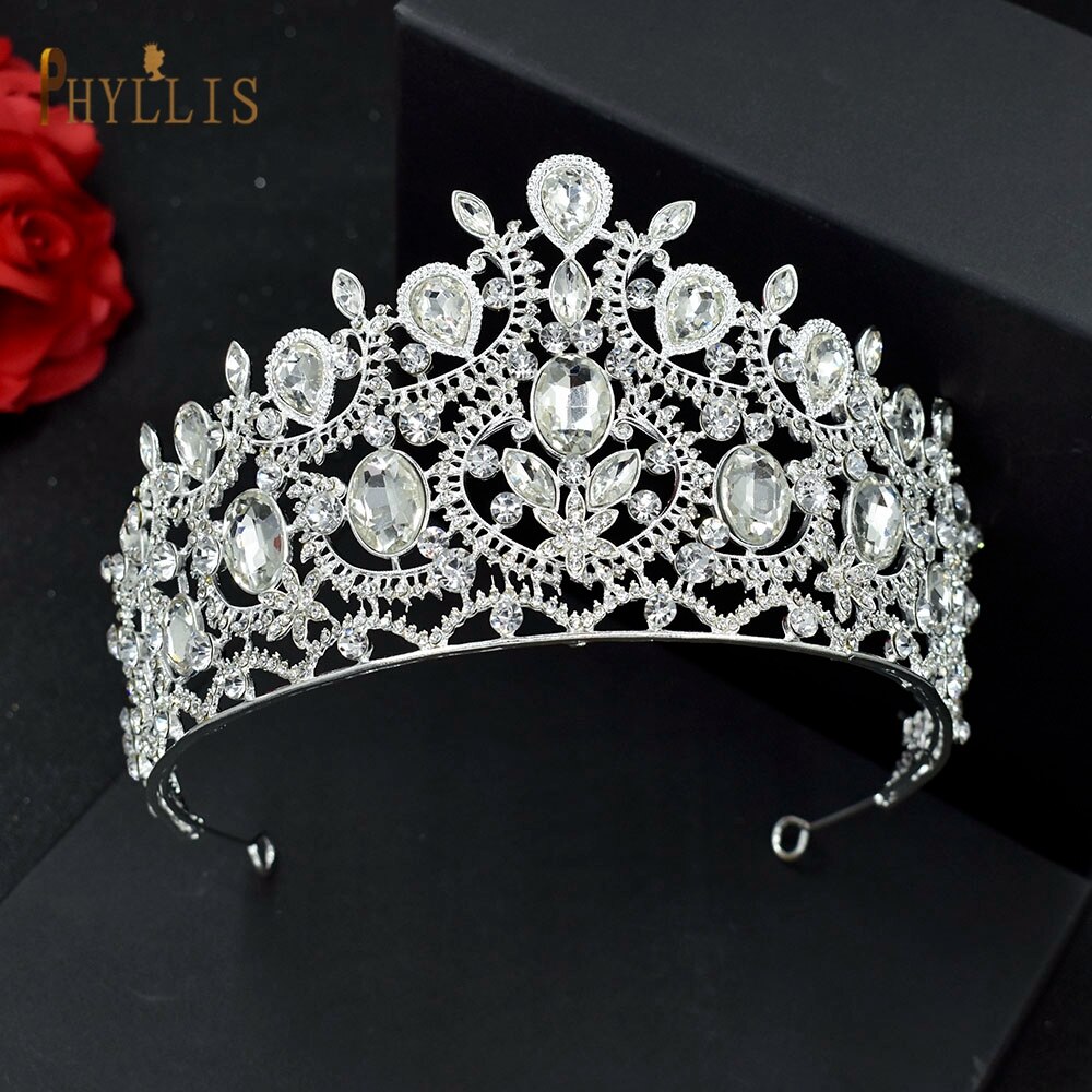 A213 Zirkoon Bruiloft Ronde Crown Luxe Diadeem Hoofdband Rhinestone Hoofddeksel Bridal Hoofddeksels Koning Tiara Prinses Haar Jewerly: Blue White Zinc Plated