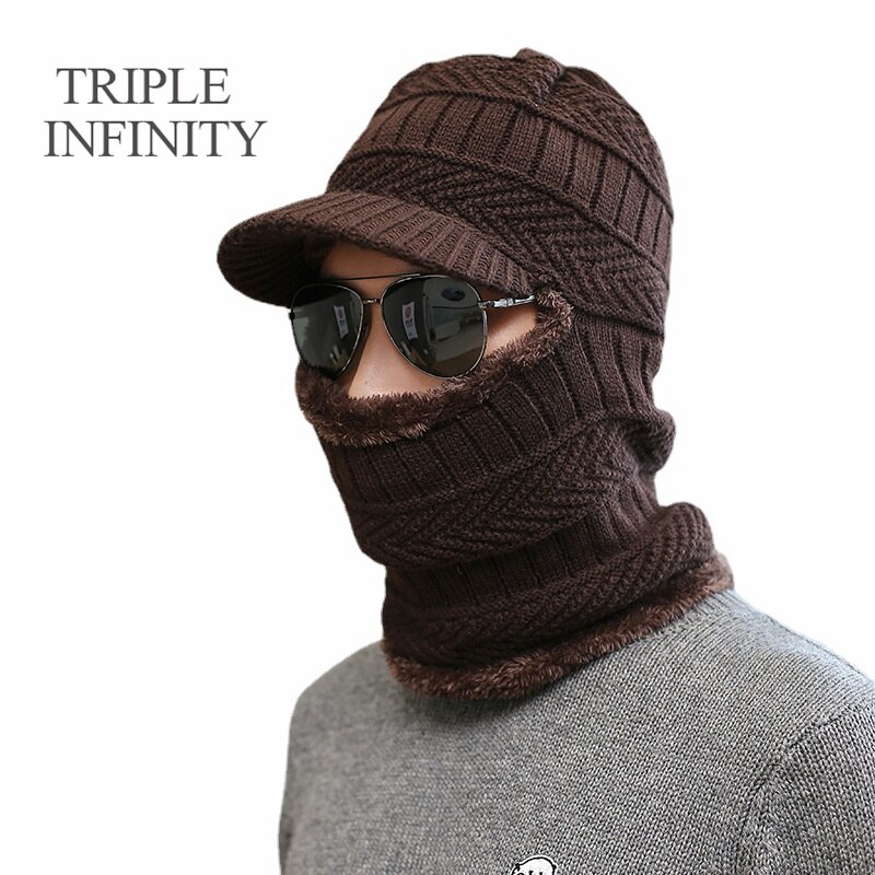 TRIPLE INFINITY Brand Skullies Beanies Winter Knitted Hat Cap Elastic Thick Skin-friendly Warm Ear Protection Bonnet Men's Hats: Hat And Scarf C