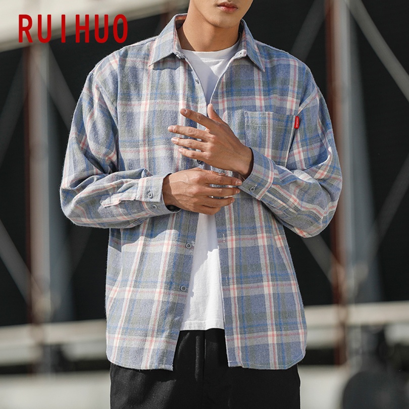 Ruihuo casual rosa rutig skjorta herr slim fit ull herr långärmade skjortor herr märke plus size m -5xl 2022 vår