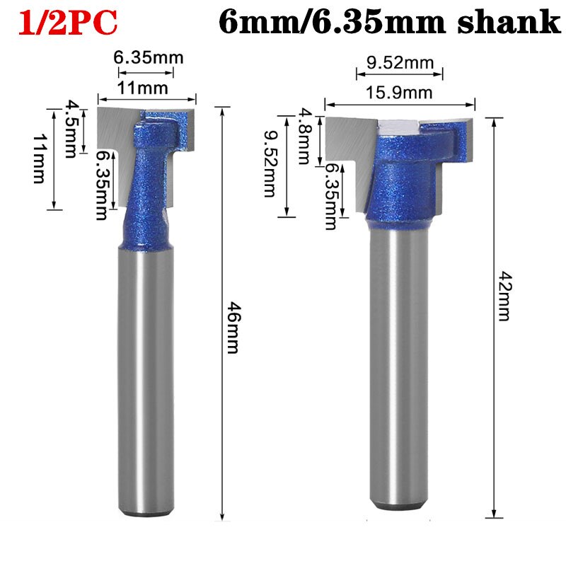 1-2pc 6mm/6.35mm- skaft t-spor slids & t-slot nøglehulsfræser fræser til fræsning af træ