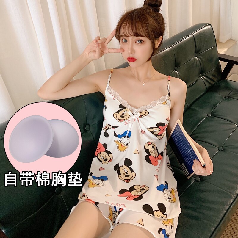 Conjuntos de Pijama Silka con estampado de Sailor Moon sin mangas, Pijama sexi para Mujer, ropa de casa con almohadilla en el pecho: 988White mickey / XL