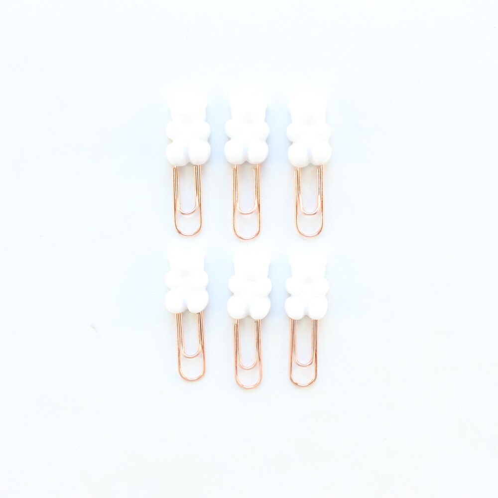 Domikee cute Korean bear shape office school paper clips set student candy memo clips bookmark stationery supplies 6pcs: white