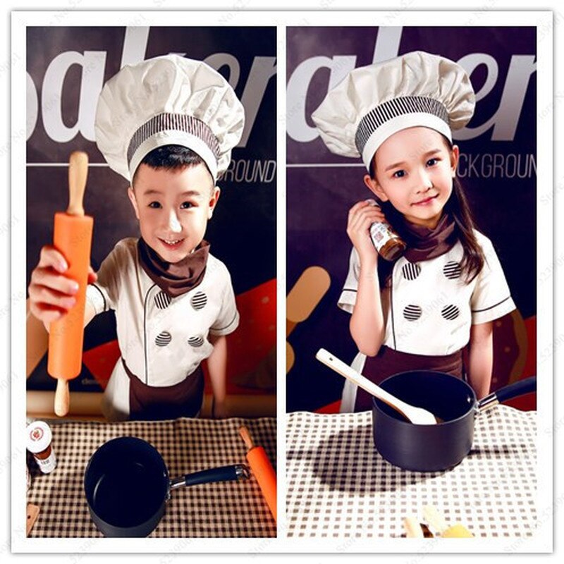 Halloween Kids Chef Jackets Catering Baking Uniforms Food Service Children Kitchen Restaurant Waiter Cook Hat Role Play Costumes