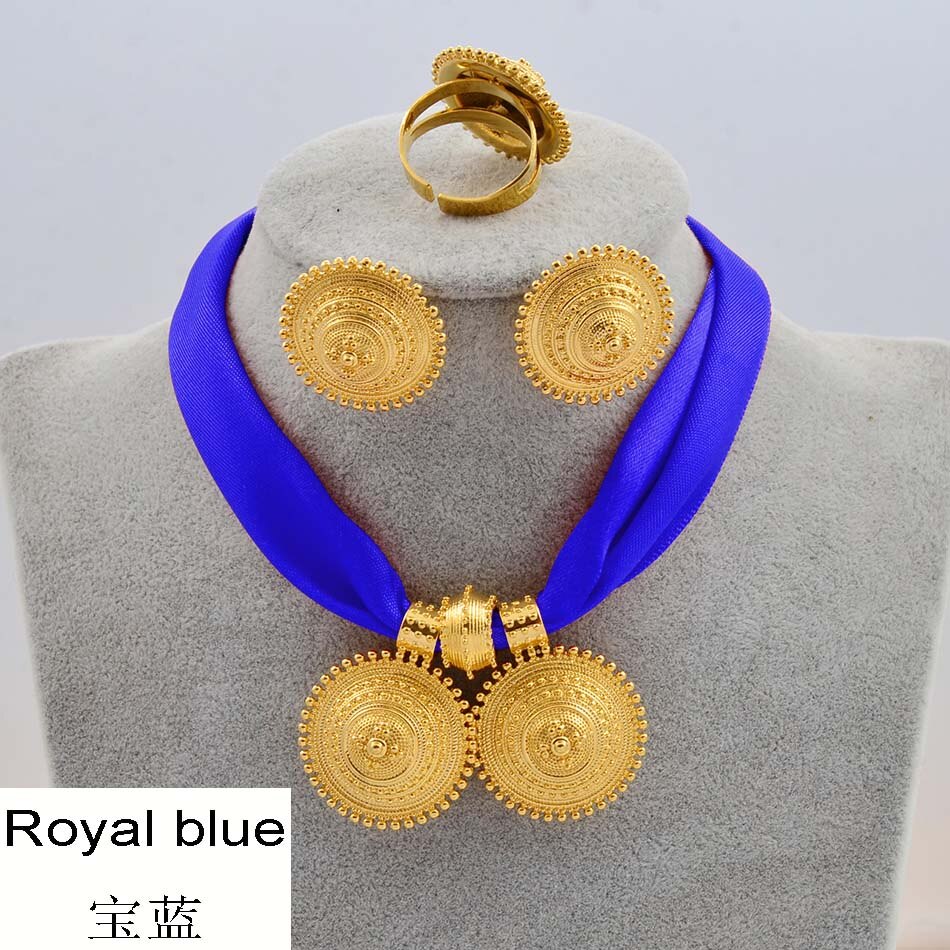 Anniyo DIY Rope Chain Ethiopian Jewelry Set Gold Color Eritrea Ethnic Style Habesha Pendant Earrings Ring #217106: Royal Blue