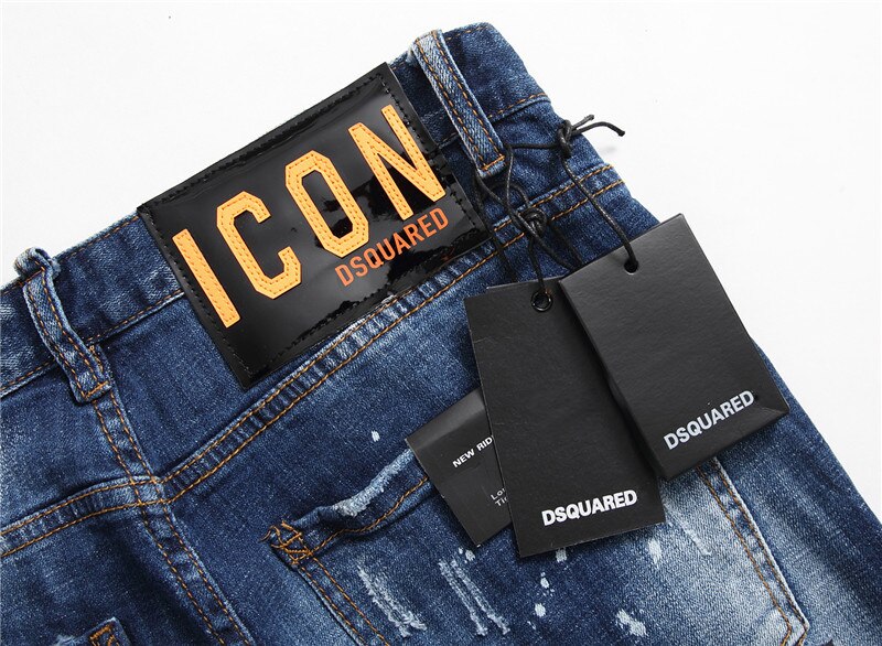 Heren Bottom Denim Broek Blauw Borduurwerk Etikettering Verf Ripped Gaten Wilde Esdoornblad Icoon Persoonlijkheid Jeans