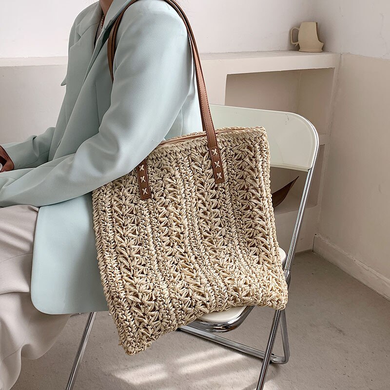 Sac de paille ajouré pour femmes, sac à bandoulière de grande capacité fait à la main en rotin, fourre-tout de voyage tissé plage Shopping,