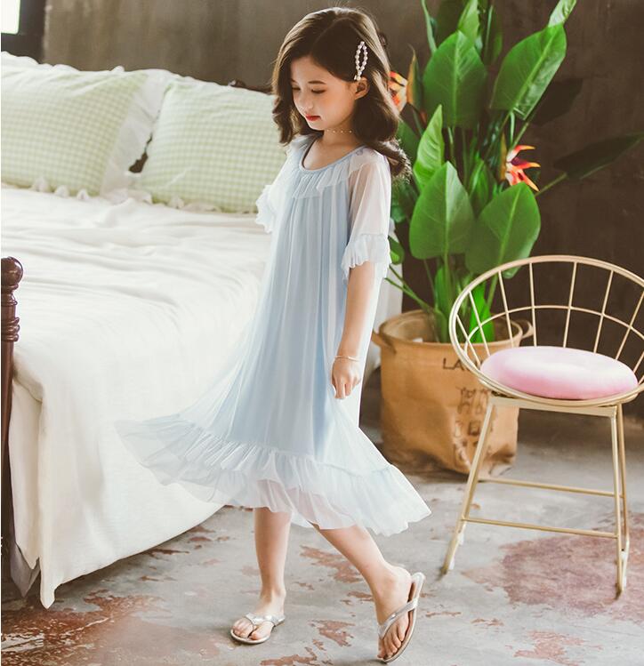 Sommer Baumwolle Nachthemd Mädchen Einfarbig Rüschen Nachthemd freundlicher Baby Nachtwäsche Schlaf Kleid freundlicher Pyjama 4 6 8 10 12 14Y