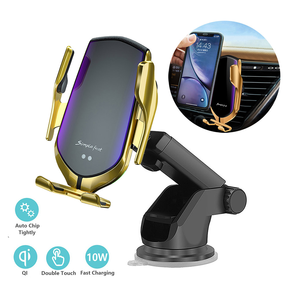 Cargador inalámbrico de coche con sujeción automática de 10W para iPhone 11 X Xs XR, soporte de cargador inalámbrico Qi por inducción infrarroja, soporte de teléfono para coche: Gold