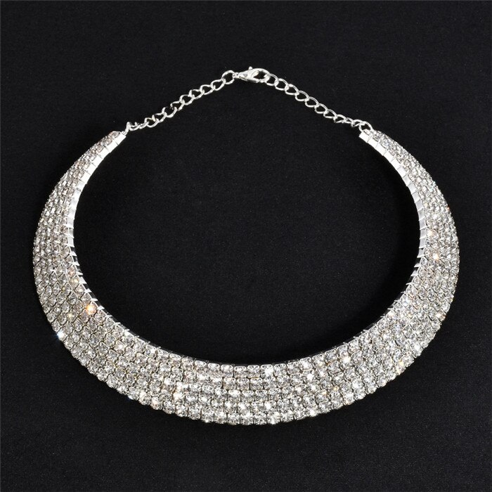 Prosy Fonkelende kristallen halsband, halsketting, zilverkleurig, strass-halsband, sieraden, verstelbaar, voor dames en meisjes