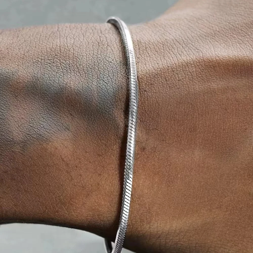 Pulsera de cadena de serpiente de plata de ley 925 para hombre y mujer, brazalete sencillo de estilo Hip Hop, joyería de Punk, , 3MM