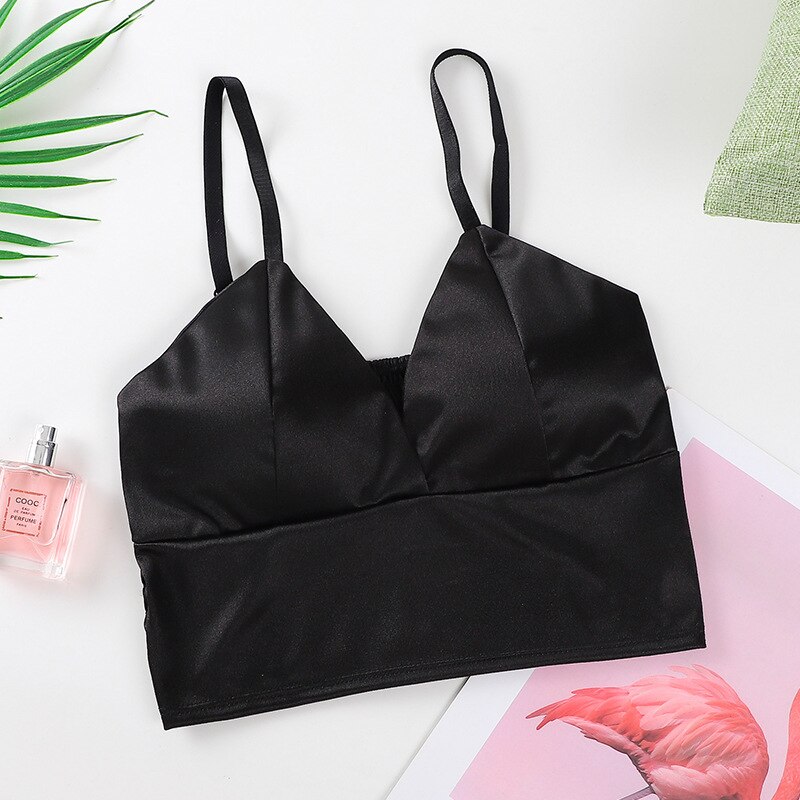 Naisten putki toppi silkki mukava crop toppi seksikäs camisole langaton kesä v #39 pääntie hihattomat alusvaatteet: Musta