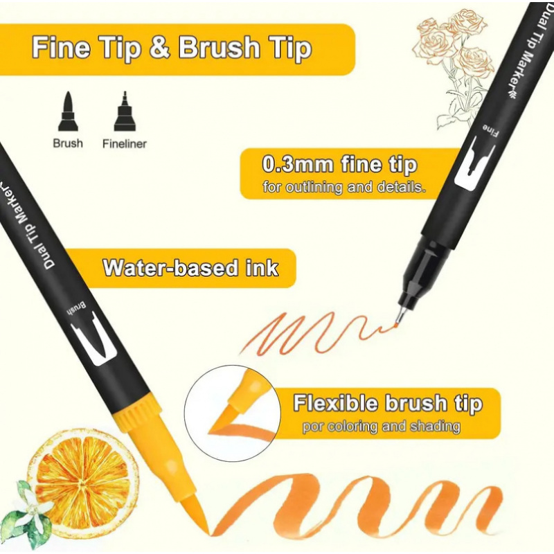 Dual Tip Marker Set: Fineliner & Brush Tips, Felt Pens – Art Markers for Watercolour, Calligraphy & Drawing