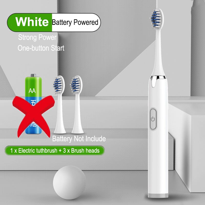 Electric Toothbrush Battery Power Washable Whitening Relax Teeth Brush Ultrasonic Electric Toothbruth USB Rechargeable Adult: White 3 head