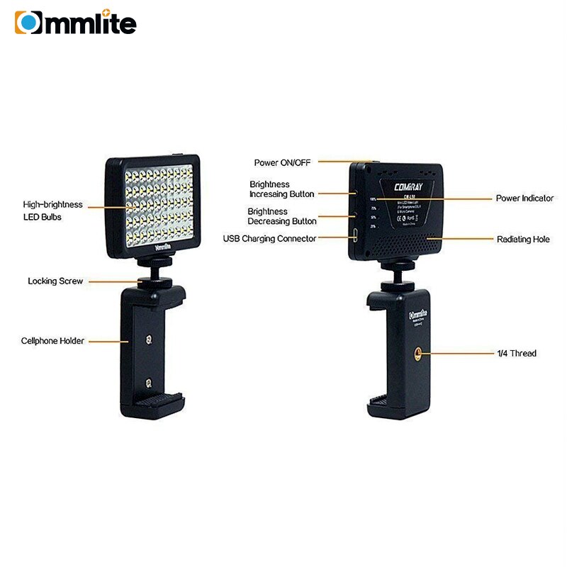 Commlite CM-L50 Ii Led Camera Video Light, 50 Led 5700-6000K Dimbare Mini Panel Light Voor Canon Nikon Camera Smartphone Gopro