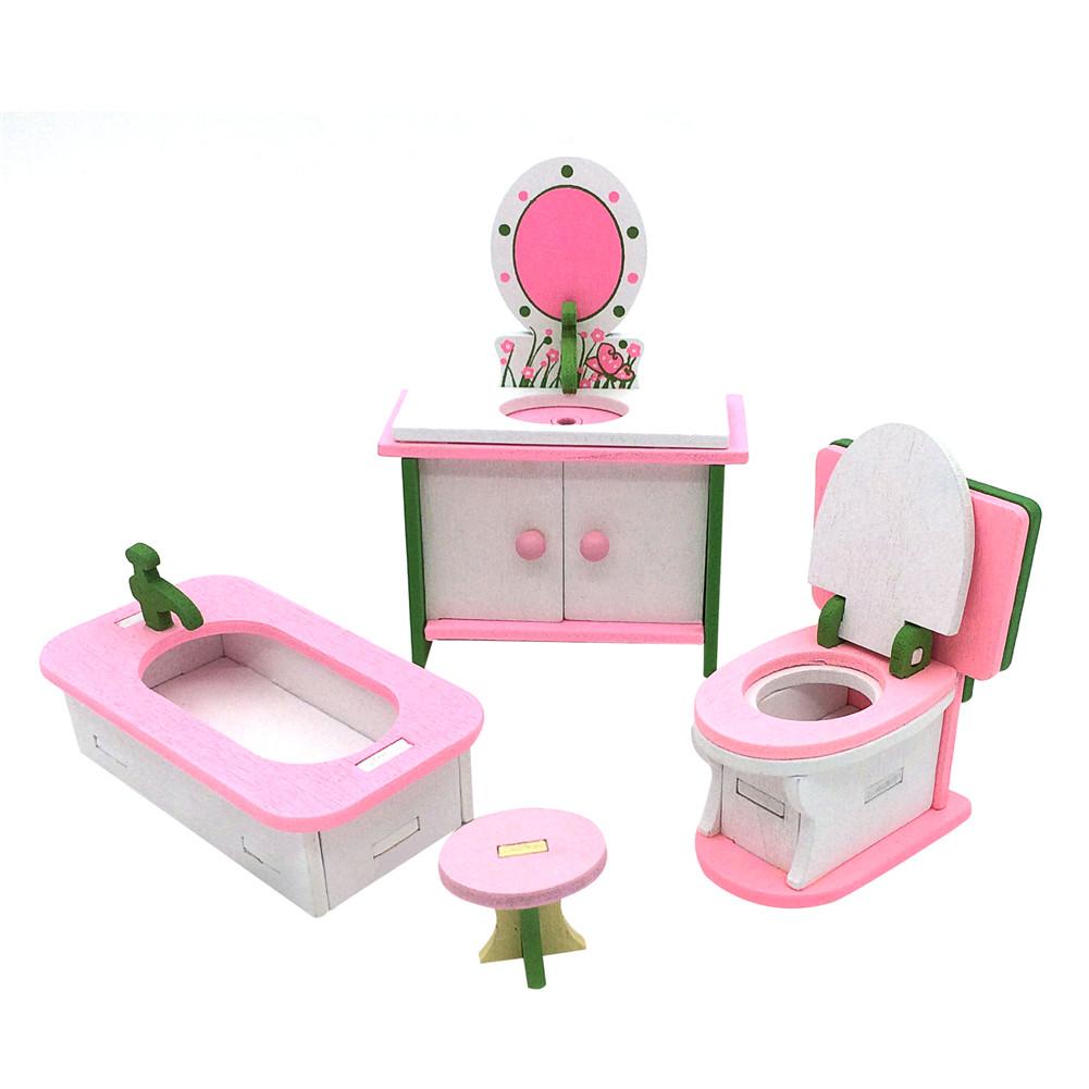 Kid Wooden Pretend Play Furniture Toy Doll Accessories Furniture Dolls House Miniature Bath Bed Living Room Children Toy: C