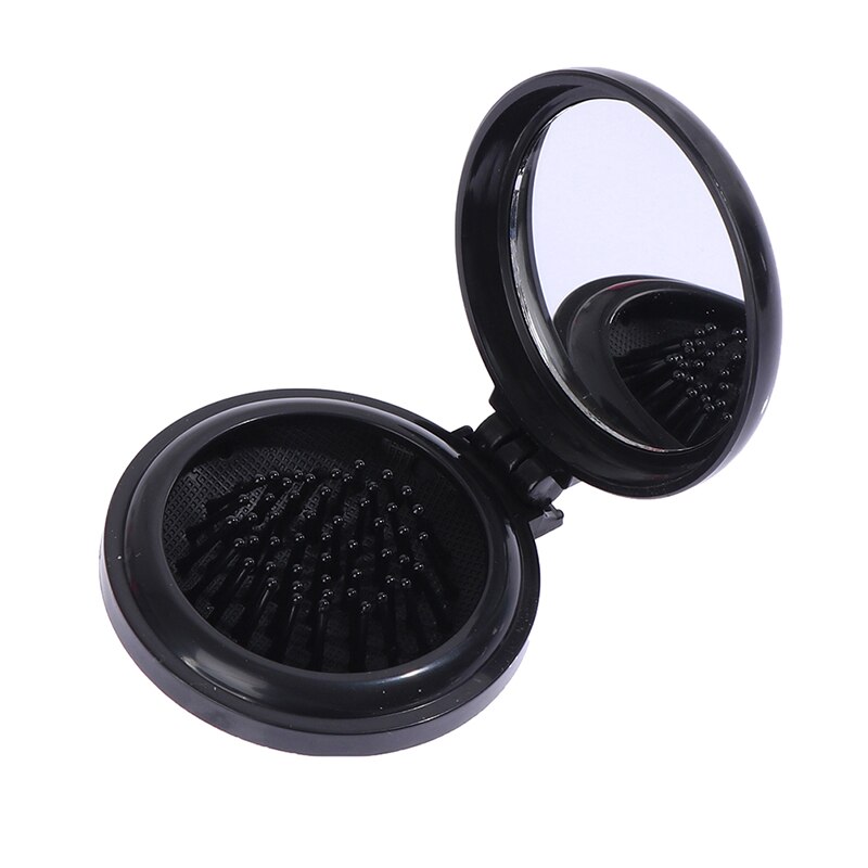 Women Girl Travel Foldable Folding Hair Brush with Mirror Pocket Air Bag Comb: BK
