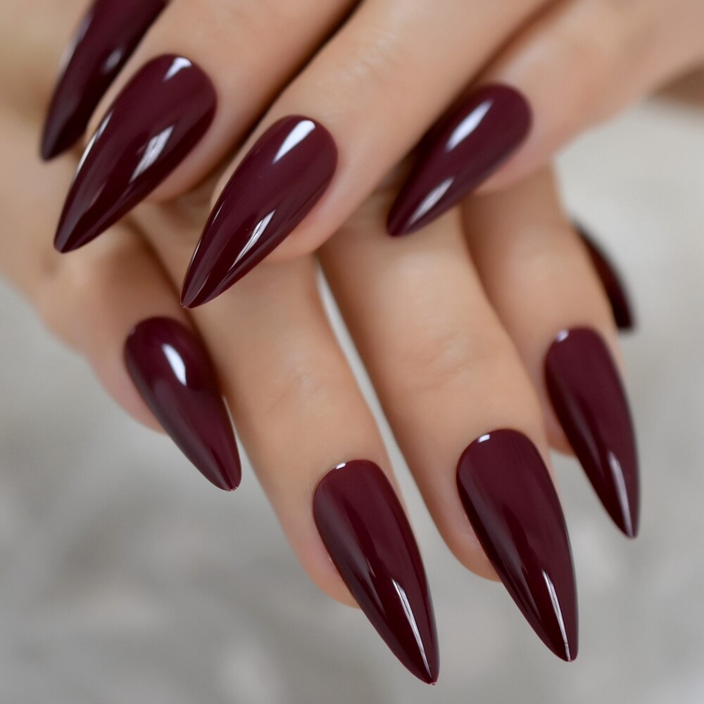 Faux ongles bordeaux à pointe pointue, en acrylique, pour Salon, couverture complète avec autocollant gelée, 24 pièces