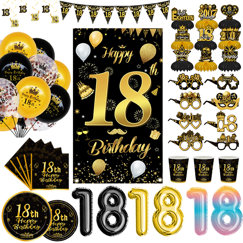 18e verjaardagsfeestje decoratie thema voor evenement benodigdheden taart toppers hangende banner servies set borden kopjes servetten tafelkleed