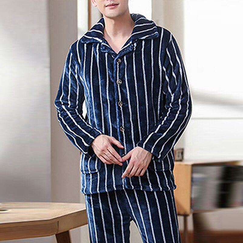 Autumn Winter Thick Warm Flannel Pajama Sets For Men Long Sleeve Coral Velvet Sleepwear Suit Loungewear Homewear Home Clothes: Style3 / XL
