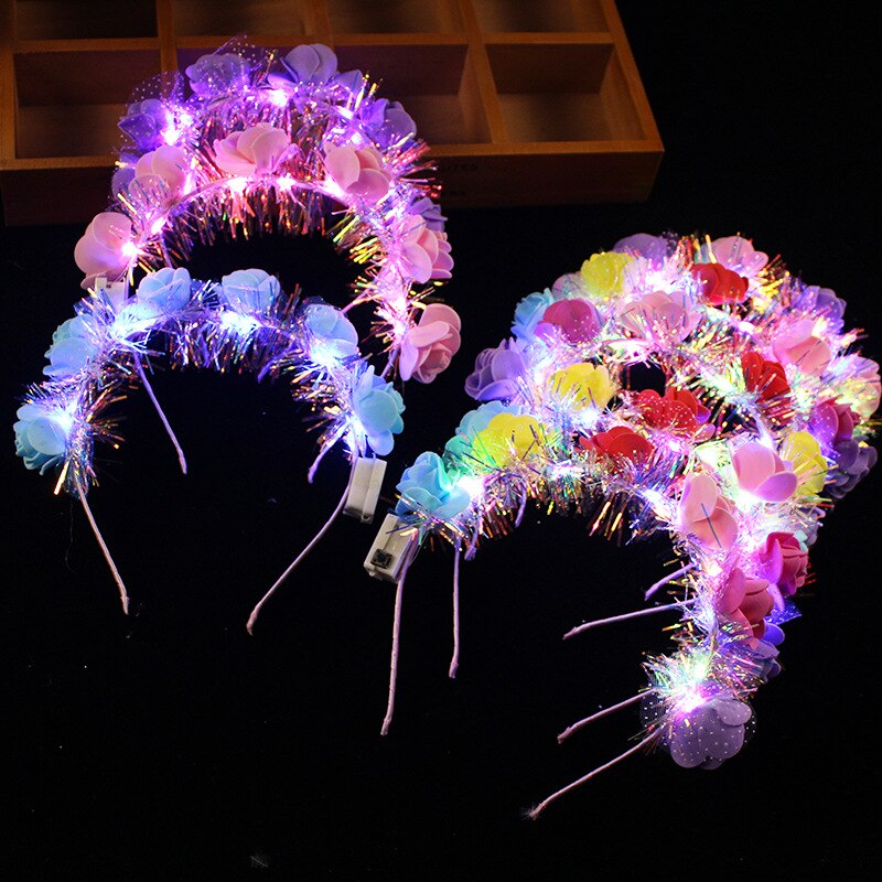 Diadema de flores con luz LED para niña y mujer, guirnaldas de pelo brillantes, suministros para de cumpleaños y Rave