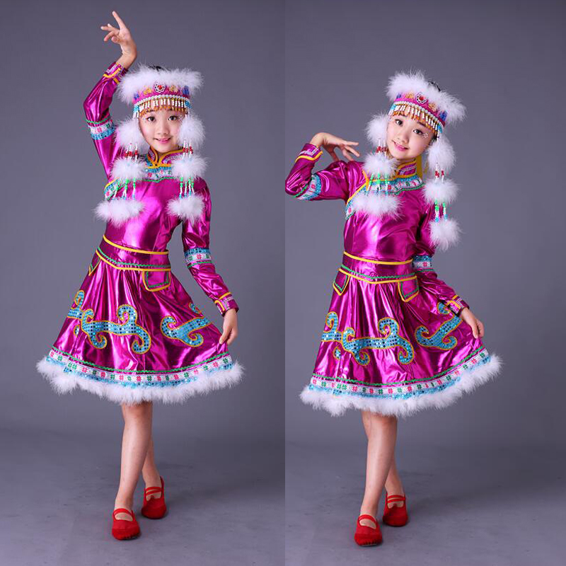 Con tocado niños Mongolia escenario chino baile popular disfraces Niñas Ropa de baile chino niños traje de baile tradicional
