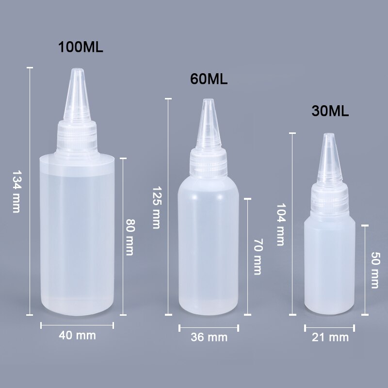 10 kpl muoviset tippapullot nestemäiselle öljyliimalle pehmeä hdpe materiaali kannettava uudelleen täytettävä säilytysastia 30ml 60ml 100ml