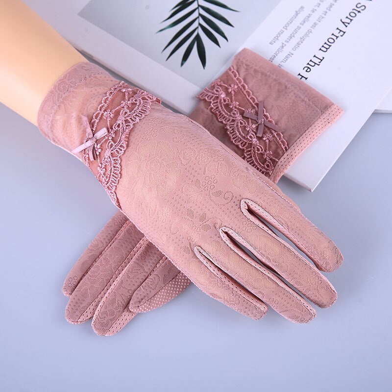 Vrouwen Zomer Boog-Knoop Outdoor Touchscreen Vinger Handschoenen Ijs Zijde Kant Zonnebrandcrème Anti-Slip Rijden Handschoenen: deep pink