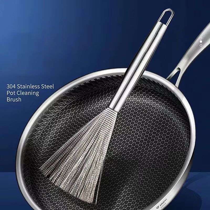 Brosse à Pot en acier inoxydable, brosse de nettoyage multifonctionnelle à Long manche, lavage suspendu pour évier de cuisine, outils d'épurateur, 1-2 pièces