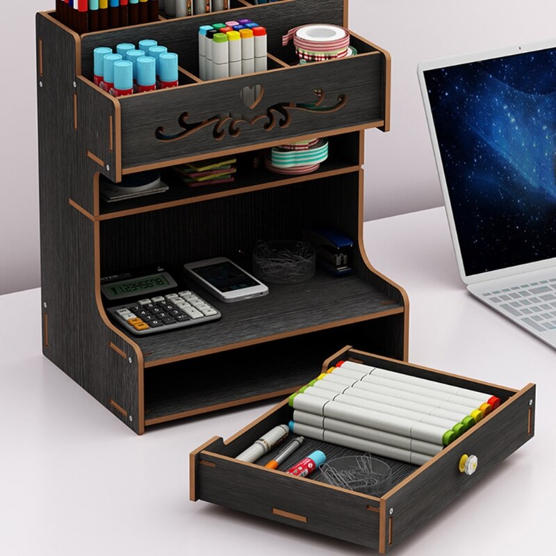 Wooden Pen Holder with Drawer Multi-Functional Desktop Stationary Pencil Box Home School Office Art Supplies Organizer Rack