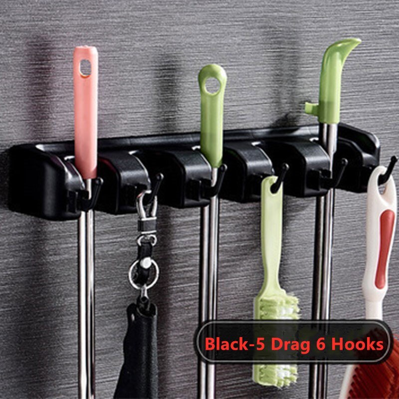 Soporte de plástico ABS para escoba de baño, herramienta mágica para fregona, estante para fregona de cocina, multifuncional, con gancho: Black 5 tow 6 hooks