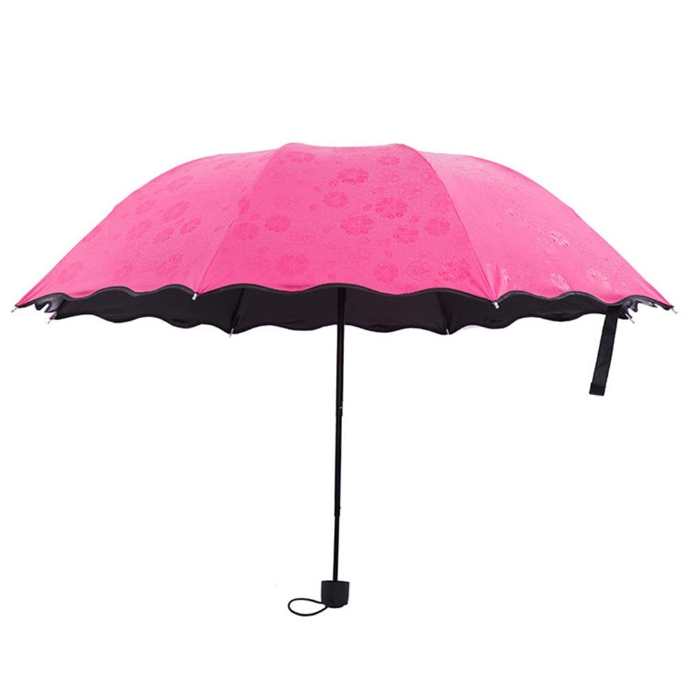 Triple Folding Touch Water Flower Pattern Umbrella Droplet Rain Sun Parasol Women Umbrella Pure Color Umbrella Para: Rose Red