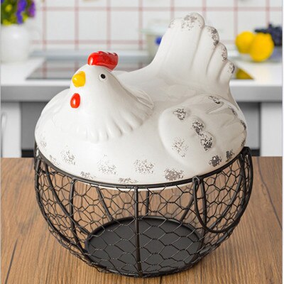Grand panier de rangement en métal avec couvercle décoration en fer cage à œufs pain panier à fruits décoration de poule organisateur cuisine: 4
