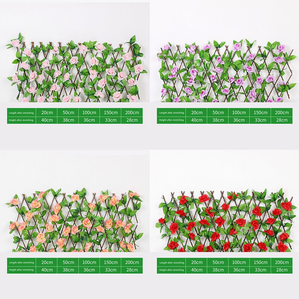 Telescopic Fence Artificial Rose Flower Garden Wall Privacy Fence Outdoor Garden Backyard Balcony Leaf Wood Telescopic Fence