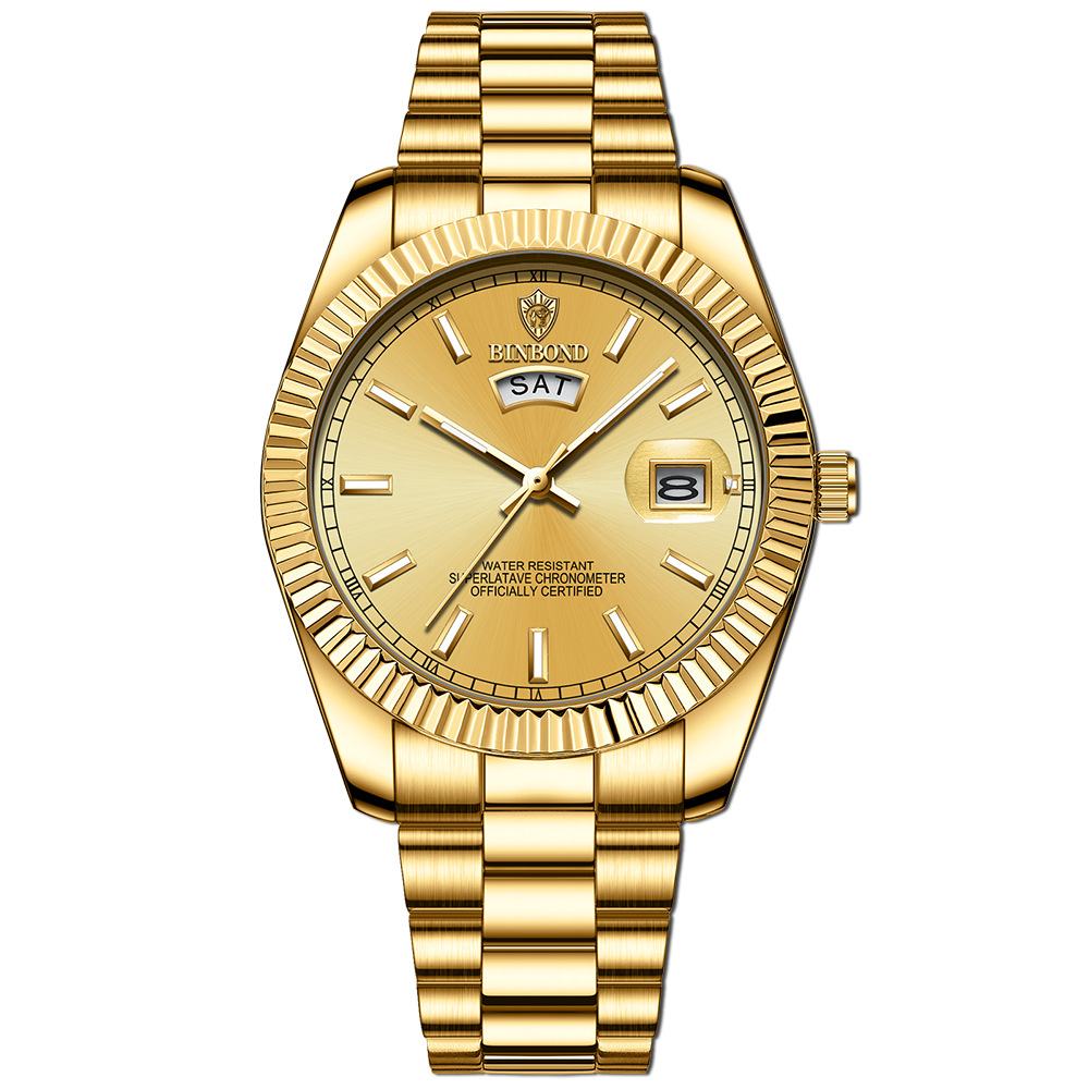 BINBOND Men's Brand Business Sports Quartz Watch 30M Waterproof Luminous Classic Calendar Clock Mens Wristwatch: Gold
