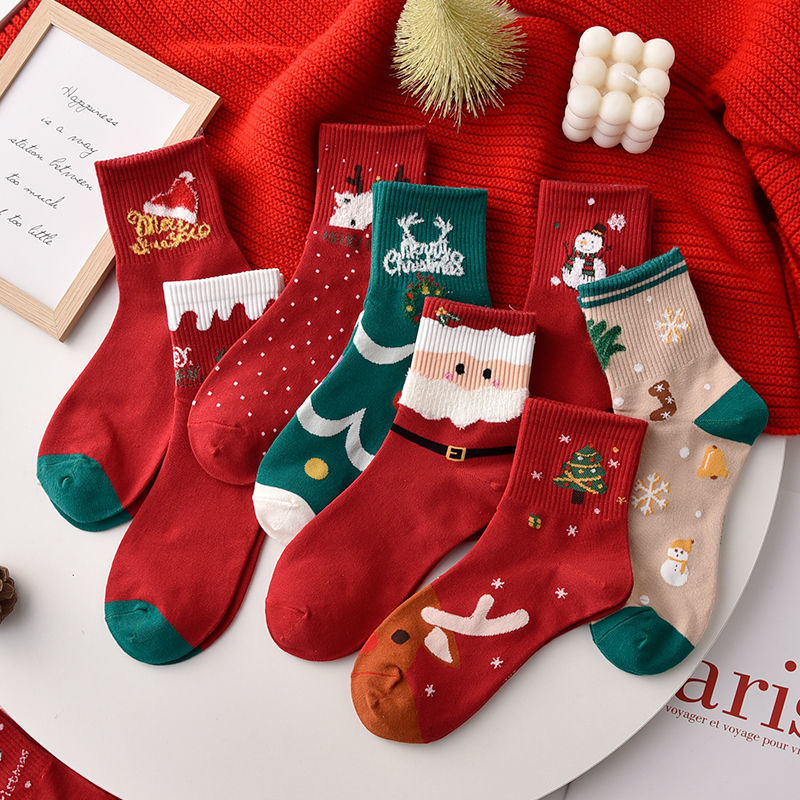 5 Paires Chaussettes Noël Dessin Animé - Motif Cartoon - Femme Casual Tricot - Tube Milieu Épais