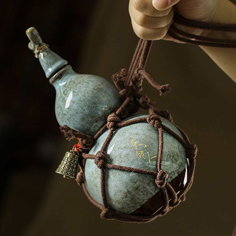 Ancient Style 700ml Wukong Bottle Gourd Wine Bottle Ceramic Cup Destiny Of Heaven Net Bag Wine Gourd Set The Water Kettle: grey