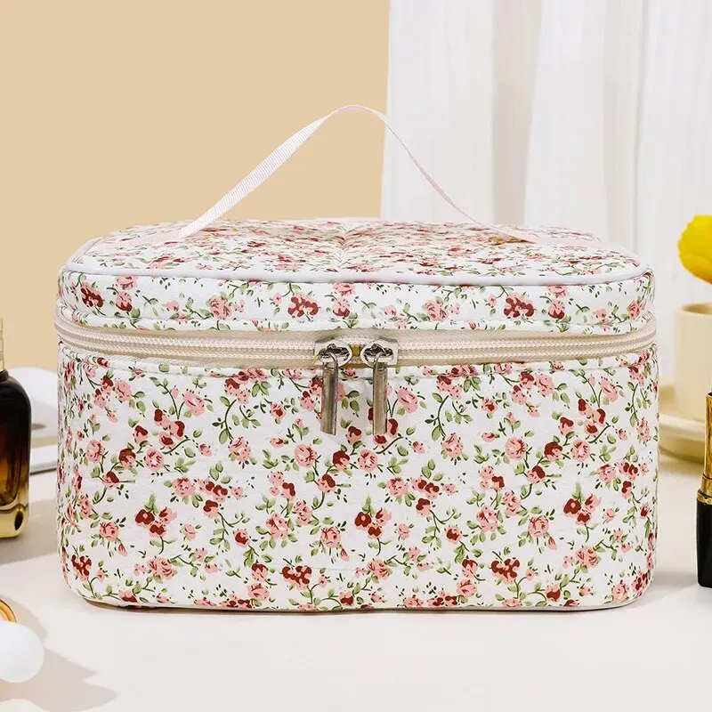 Katoenen cosmetisch zakje Cosmetische tas met bloemmotief Capaciteit Make-up organizer met dubbele ritssluiting Draagbare reisopslag Waszak: Rood