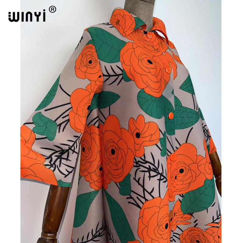 WINYI-vestido cárdigan sukienka para mujer, con estampado Floral ropa holgada arrugado, e informal para vacaciones de verano, talla única