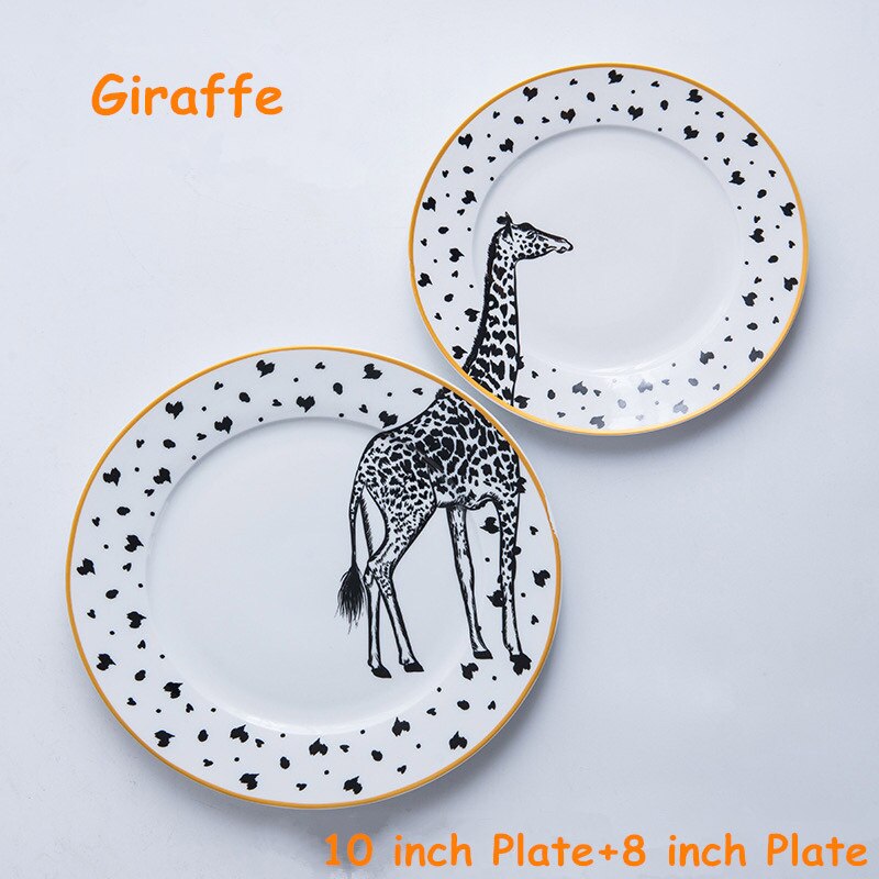 Platos planos comestibles de animales salvajes pintados a mano, vajilla de cerámica inalámbrica, decoración de vajilla de dibujos animados, de Navidad, 2 unidades: Giraffe