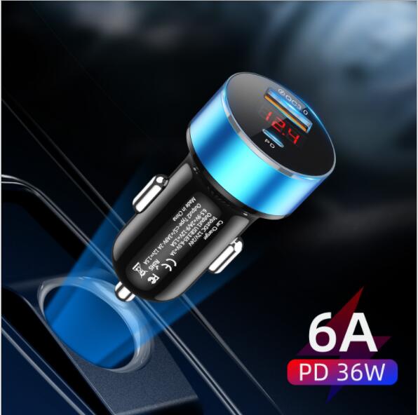 36W 6A QC3.0 PD Car Charger With LED Display Universal Mobile Phone Car-Charger For Xiaomi For Honor For iPhone 12Pro Tablet