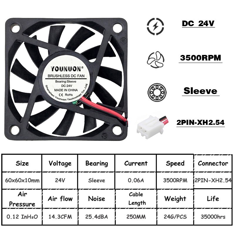 2 Stuks 5V 12V 24V 60Mm 6010 Dc Fan 60X60X10Mm 6cm Cooling Koeler Fan Computer Pc Cpu Case Cooling Kogellager Fan: 6010 24V Oill XH2.54