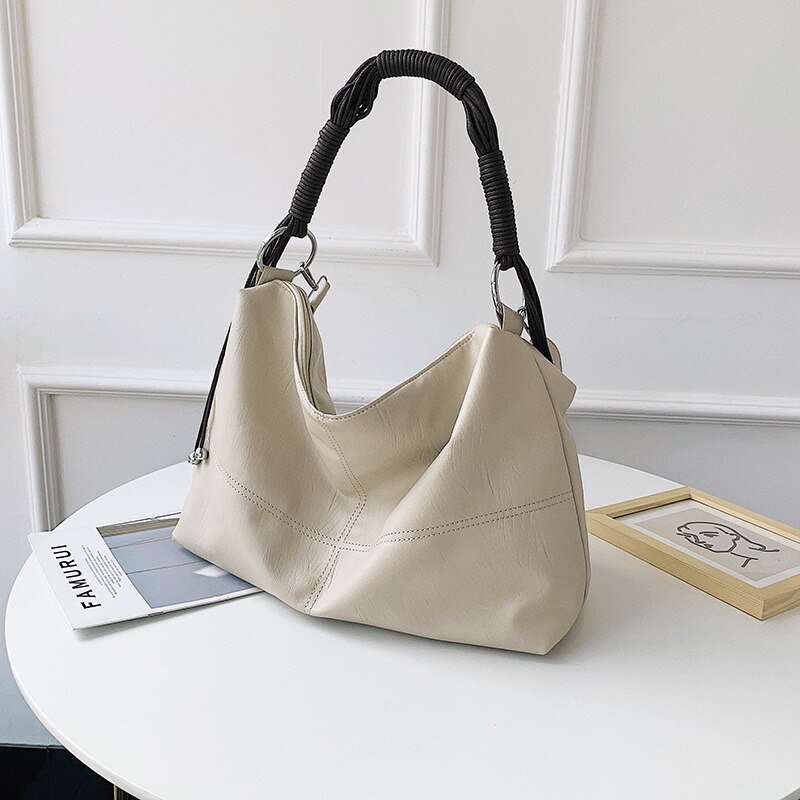 Store tøyvesker for kvinner hobo-vesker med stor kapasitet, skuldervesker i skinn rutete crossbody-veske med dusker, sac a main: Hvit