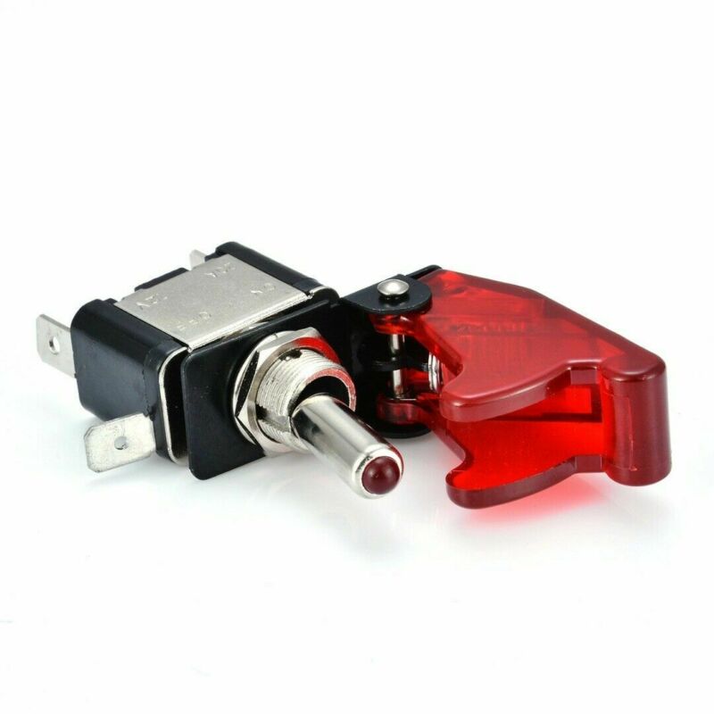 3-pin on/off 20A, 12V Car truck LED toggle switch light is on, with safety aircraft flipping protective cover red.