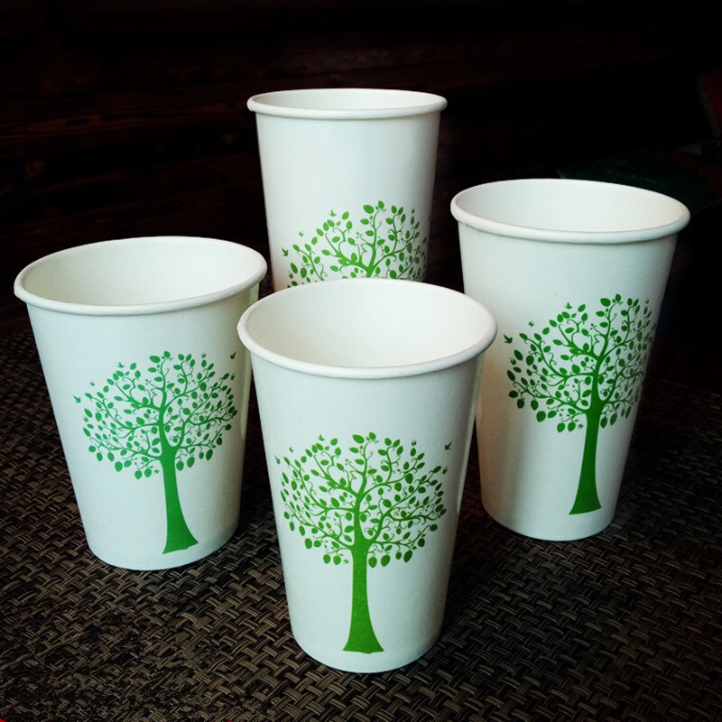 50pcs 350ml wit wegwerp cups groene boom patroon party verjaardag gunst koffie thee papier cup met deksel takeaway pakket