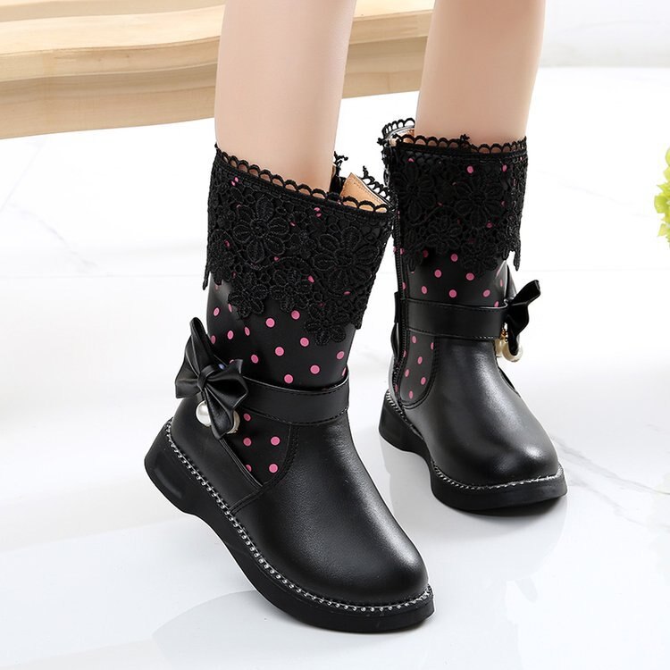 Bottes chaudes en coton pour filles, chaussures d'hiver à la pour enfants, bottes de neige en cuir PU avec dentelle et nœud papillon: Black / 27